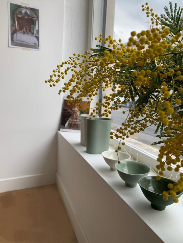 Mimosa et porcelaines dans la lumière du studio, Elisabeth Hardy céramiste