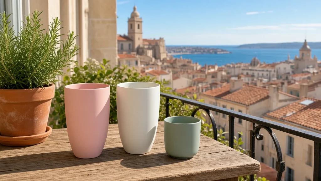Tasses en porcelaine sur un balcon avec vue sur les toits et la mer à Marseille