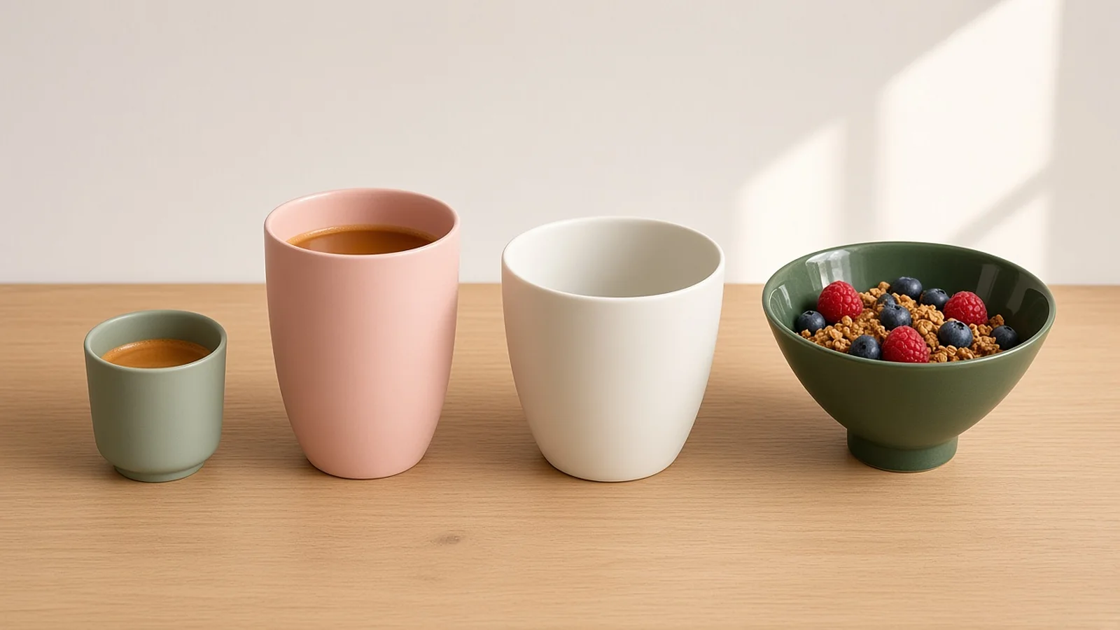 Tasse à café, mug haut, mug large et bol en porcelaine alignés pour comparer les formats