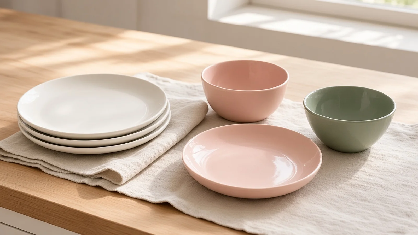 Assiettes et bols en porcelaine posés sur un torchon en lin après la vaisselle