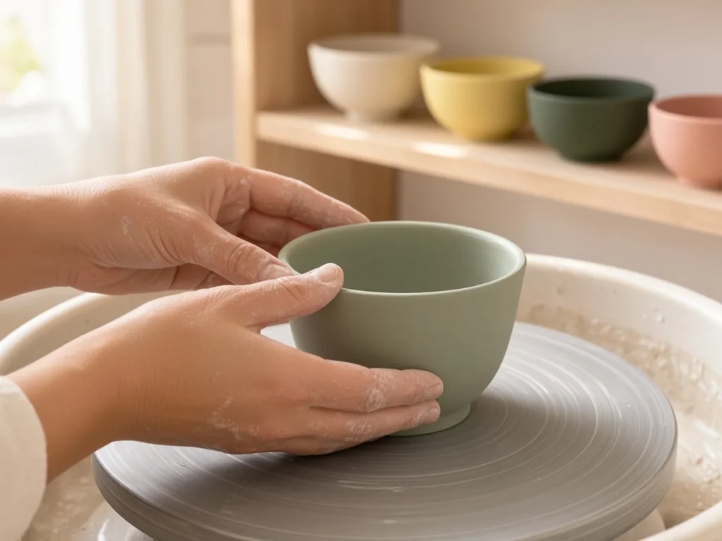 Mains façonnant un bol en porcelaine colorée dans la masse, coloris Sauge, dans l'atelier de Marseille
