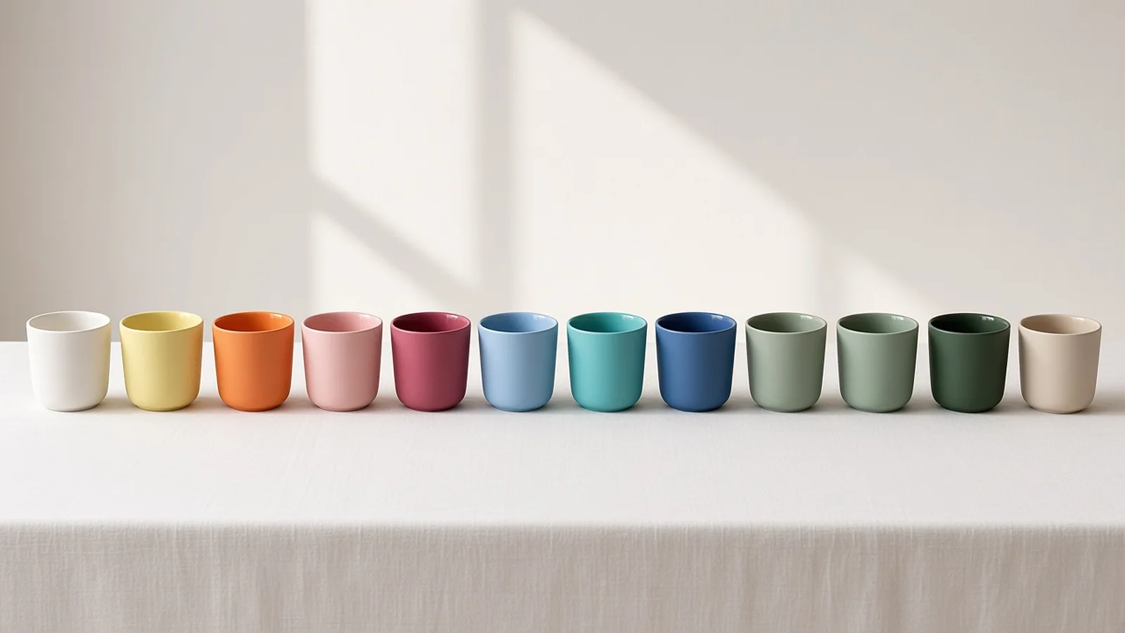 Tasses en porcelaine alignées dans les coloris de l'atelier, du blanc craie au vert pinède