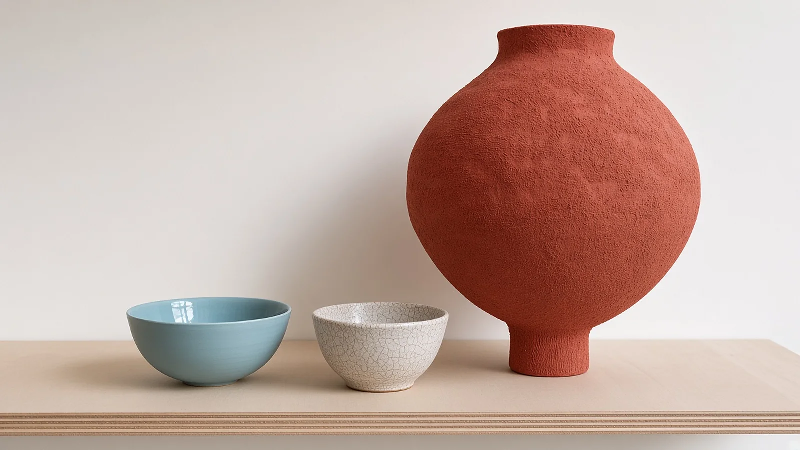 Bol en porcelaine, bol en faïence craquelée et vase en grès brut côte à côte