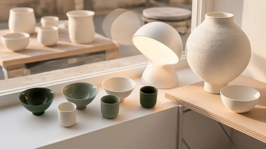 Bols et tasses en porcelaine colorée dans la masse sur le rebord d'une fenêtre d'atelier