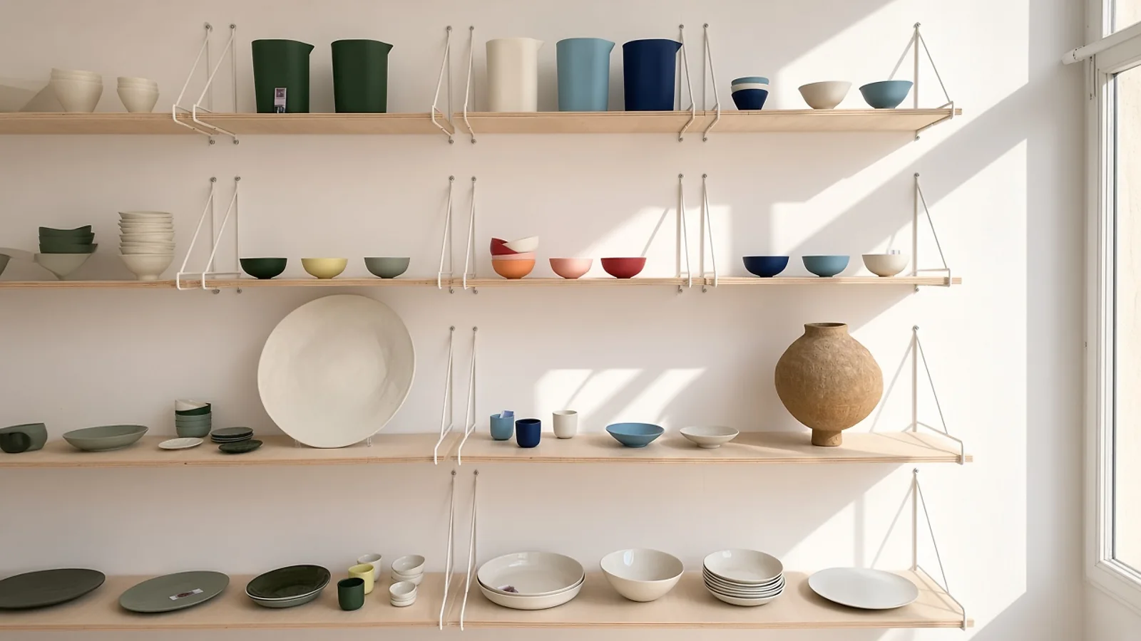 Étagères du studio boutique garnies de porcelaines colorées et d'un vase en grès, lumière de Marseille