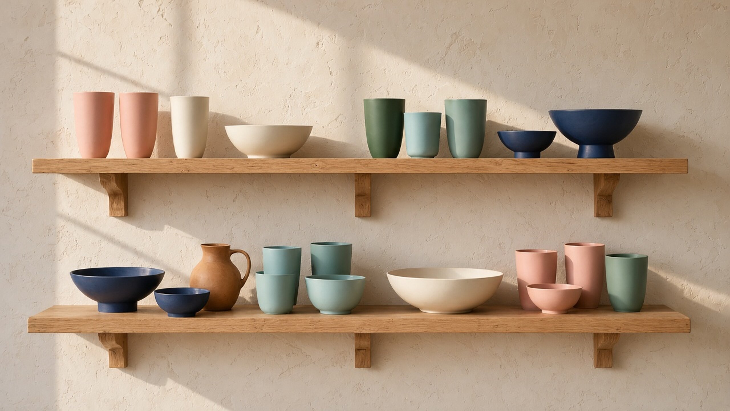 Tasses et bols en porcelaine colorée posés sur une étagère, lumière douce
